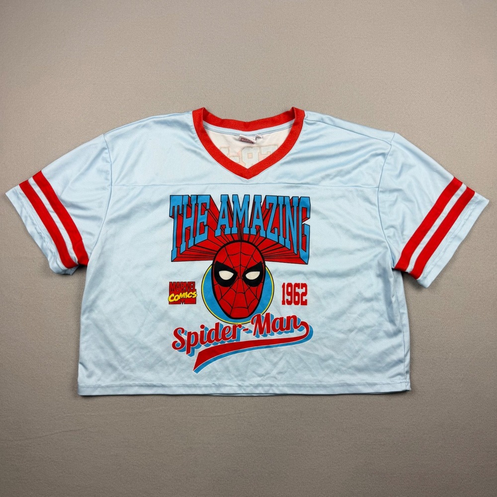 Marvel Women Medium Spider-Man 1962 Graphic Cropped Boxy Skimmer Football Jersey